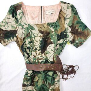 NEW Carrie Hutton Short Sleeve Linen Dress Size 8 Brown Green Tropical Floral